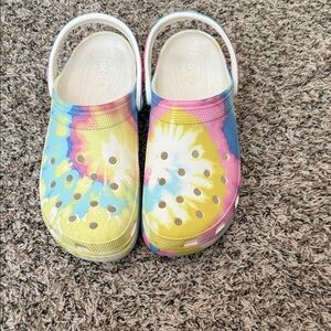 Women Crocs-Dye Clog Sandals - platform White Base with Yellow, Blue & Pink